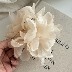 Detailed view of cream mesh flower hair claw clip with pearls and elegant layered petals