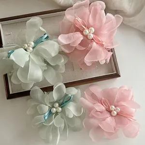 Elegant Mesh Flower Hair Clip For Women Artificial Pearl Ribbon Bow Large Shark Hair Claw Clip Fairy Hair Accessories