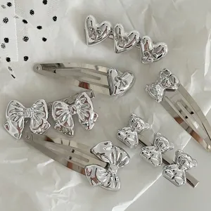 Lot de barrettes argentées avec cœurs, nœuds et ours mignons pour filles