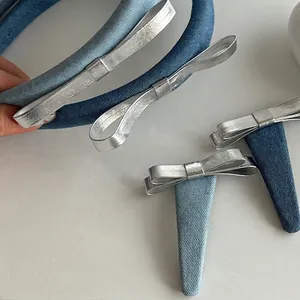 Denim bow headband and clips set in light and dark blue with silver metallic accents