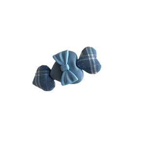 Blue plaid heart hair clip with central leather heart and bow for women and girls