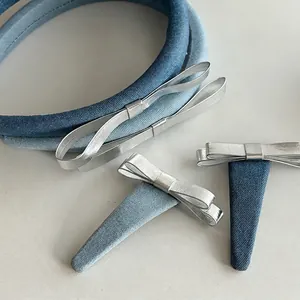 Denim Bowknot Headband Hair Clip Sweet Cool High Skull Top Silver Bow Fashion Hair Accessories For Women Vintage Daily Style