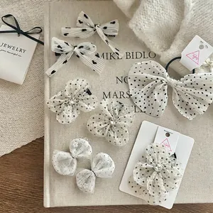 Sweet White Chiffon Bow Hair Clips And Hair Ties For Girls Polka Dot Heart Mesh Hair Accessories With Rhinestones Pearls
