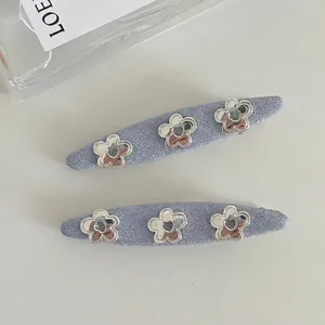 Denim Blue Fabric Wrapped Hair Clip With Silver Metal Flower Elegant Side Clip Bangs Clip For Women Fashion Hair Accessories