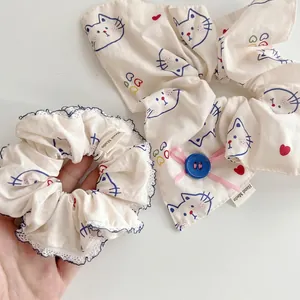Süße Cartoon Katze Bär Muster Stoff Haargummis Mit Spitzenbesatz Knopf Schleife Handgemacht Große Elastische Haarbänder Für Damen