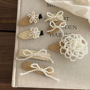 French Vintage Artificial Pearl Straw Weave Hair Clip Handmade Bow Flower Hairpin Aesthetic Hair Accessories For Women Girls