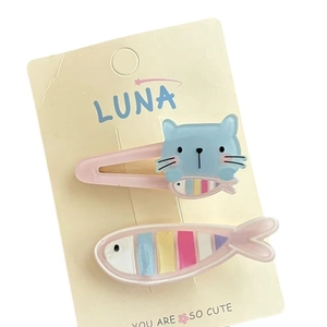 Juego de dos lindos pasadores para el cabello de gato y pez para niñas pequeñas