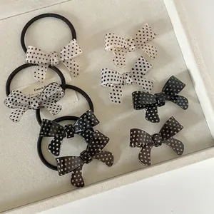 Sweet Polka Dot Bow Hair Clip Duckbill Clip French Vintage Resin Hair Tie Elastic Ponytail Holder For Women Accessories