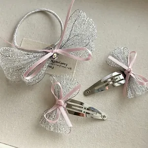 Shiny Silver Mesh Bow Hair Clips Pink Ribbon Rhinestone Hair Ties Sweet Princess Hair Accessories For Girls Kids Styling
