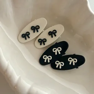 Pinces à Cheveux Nœud Noir Blanc Balletcore Clips Latéraux Ovales Métal Résine Accessoires Cheveux Femme Décoration Quotidienne