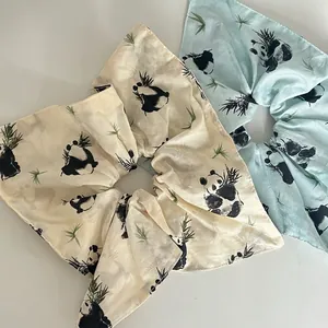 New Chinese Style Panda Bamboo Printed Fabric Scrunchie Bow Hair Ribbon For Women Cute Ink Wash Hair Accessories