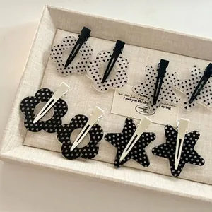 Retro French Polka Dot Hair Clip Acrylic Butterfly Flower Star Duckbill Clip Sweet Black White Hair Accessories For Women Daily