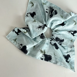 Mint green panda and bamboo print satin hair scrunchie with Chinese ink style