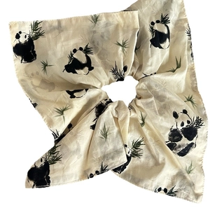 Silk scarf with panda and bamboo leaves patterns in traditional Chinese ink style