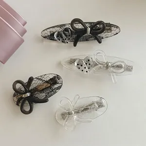 Pince à Cheveux en Acétate Minimaliste Coréenne Nœud en Dentelle Décor de Cœur Frange Latérale Pince Bec de Canard Mode Accessoire de Cheveux Femme