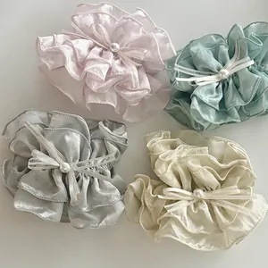 Französischer Stil Satin Rüschen Haargummi Mit Schleife Und Kunstperle Balletcore Elegantes Elastisches Haarband Damen