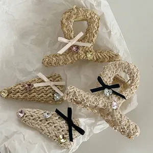 Handmade Rattan Woven Hair Clips For Women Heart Rhinestone Bow Hair Claws Pastoral Style Vintage Hair Accessories Gift