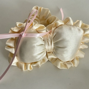 Beige satin scrunchie and large bow hair tie set with pink ribbon accents for women