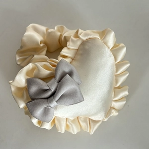 Sweet cream scrunchie with ruffled heart cushion and grey bowknot hair accessory