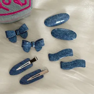 Chic Denim Texture Acrylic Hair Clips For Women Fashion Handmade Oval Bow Wave Shape Side Bangs Clip Hair Accessories