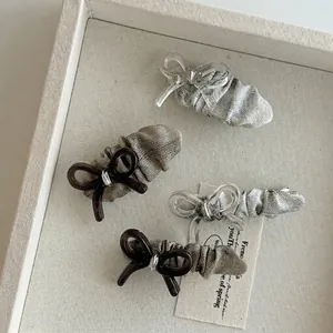Milk tea color transparent bow hair clip set with pleated fabric design in a gift box