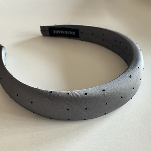 Elegant grey satin padded headband with black rhinestones and handmade inner label