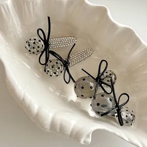 Pince à Cheveux Bec de Canard en Acrylique à Pois Avec Nœud Noir en Strass Style Doux Coiffe de Mode Accessoire de Cheveux Femme