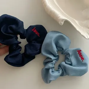 Denim Κέντημα Love Scrunchie Ελαστική Υφασμάτινη Κορδέλα Μαλλιών Απλό Σχέδιο Καρδιά Γράμμα Για Κοτσίδα Γυναικεία Αξεσουάρ