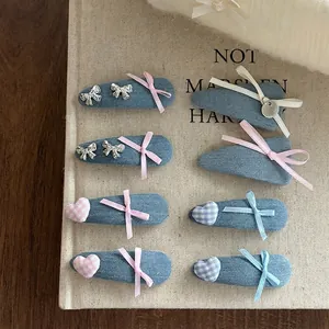Barrettes à Cheveux Nœud Papillon en Denim Doux pour Femmes Pinces Latérales en Tissu Faites à la Main Style Coréen Bleu Denim