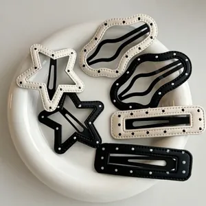 Pinces à Cheveux Vintage en Cuir Synthétique à Pois Étoile Carré Nuage pour Femmes Mode Noir Blanc Barrettes BB Accessoires Cheveux