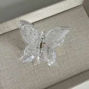 Elegant vintage lace butterfly hair claw clip with white mesh pattern and resin finish