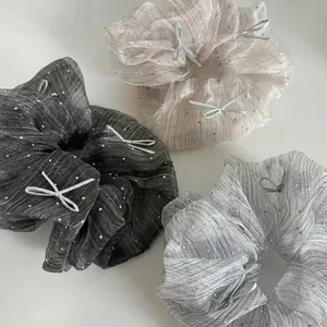 Elegant Mesh Hair Scrunchies For Women Bow Striped Elastic Hair Band Organza Pleated Ponytail Holder Fashion Headwear