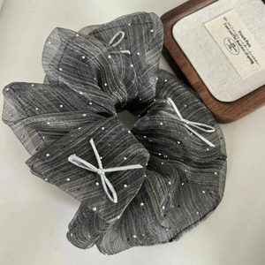 French style oversized grey mesh scrunchie with silver polka dots and bow detail