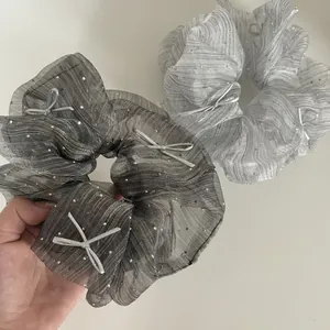 Striped bow oversized organza hair scrunchies in dark and silver grey with white dots