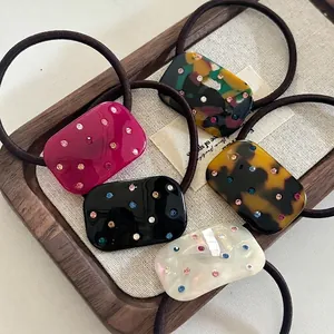 Elegant Acetate Rectangular Hair Tie With Colorful Rhinestones High Elastic Hair Rope Sweet Ponytail Scrunchie For Women
