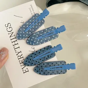 Blue denim texture hair clips with white and black polka dots, 4-piece set for women