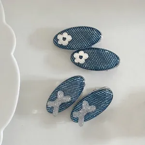 Denim Texture Bow Hair Clips For Women Oval Acetate Side Clip Silver Metal Flower French Style Hair Accessories For Girls