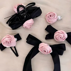 Elegante Pinza para el Pelo con Rosa Rosa y Cinta de Satén Negra Lazo Vintage Horquilla Estilo Francés para Mujer Moda