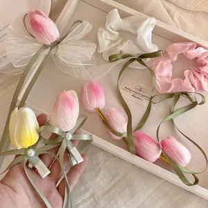 Chouchou en Satin avec Ruban Tulipe Style Français Anneau de Cheveux Floral Élégant Pince à Cheveux Fleur Douce pour Femmes