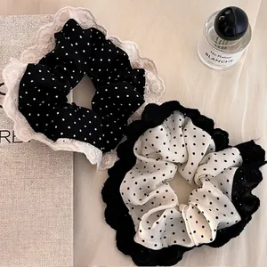 French Vintage Polka Dot Scrunchie Large Hair Ring With Lace Trim Chiffon Elastic Hair Band For Women Hair Accessories