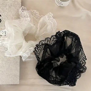 Eleganti Scrunchies in Pizzo e Organza Francesi Grandi Elastici per Capelli in Rete con Fiocco in Raso Accessori per Capelli Donna