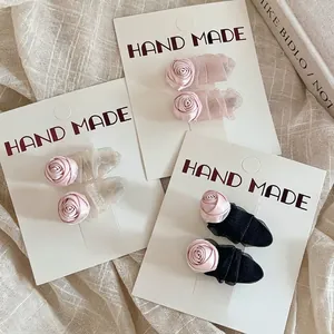 Pink Satin Rose Mesh Hair Clips For Women Elegant Handmade 3D Flower Duckbill Clips Sweet Bangs Side Clips Hair Accessories