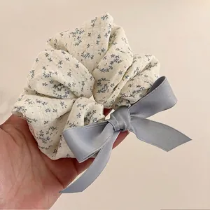 Chouchou Floral de Style Coréen Avec Nœud en Satin Élastique à Cheveux en Tissu à Fleurs Bleues pour Femmes Doux Pastoral