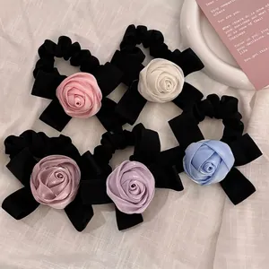 Chouchou en Satin avec Rose et Nœud Style Coréen Élastique Cheveux Haute Élasticité pour Femme Coiffure Élégante Fait à la Main