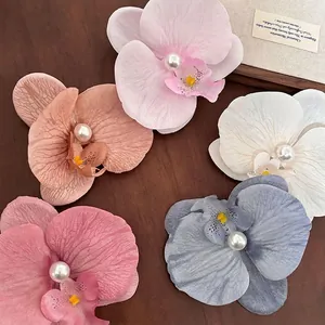 Elegant Phalaenopsis Orchid Hair Clip With Faux Artificial Pearl Decorative Satin Flower Side Clip For Women Wedding Hair Accessory