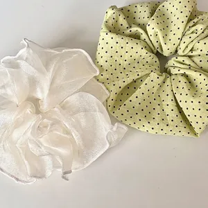 Chouchou en Tissu Vert à Pois Style Pastoral Français Élastique à Cheveux en Maille Rose Avec Cœur Pour Femme Accessoires de Coiffure Élégants