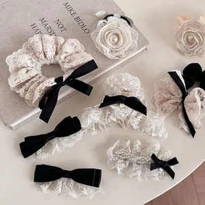 Sweet White Lace Floral Hair Clip Faux Artificial Pearl Bowknot Scrunchies Elegant French Style Hair Tie Claw Clip For Women Jewelry