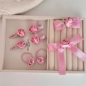 Pinzas para el Cabello de Flor de Rosa de Satén Rosa Hechas a Mano para Mujeres Niñas Lazo de Strass Dulce Accesorios para el Cabello