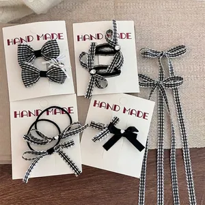 Heart Rhinestone Black White Plaid Bow Hair Clip Sweet Mesh Bowknot Hair Tie For Women Versatile Vintage Hair Accessories