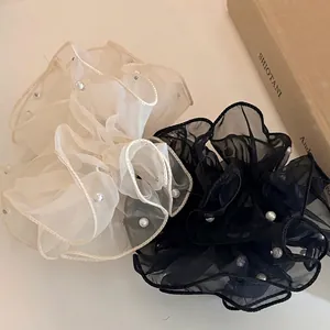 Élégant Chouchou en Organza avec Künstliche Perles pour Femmes Grand Rétro Français Maille Élastique à Cheveux Haute Élasticité Mode